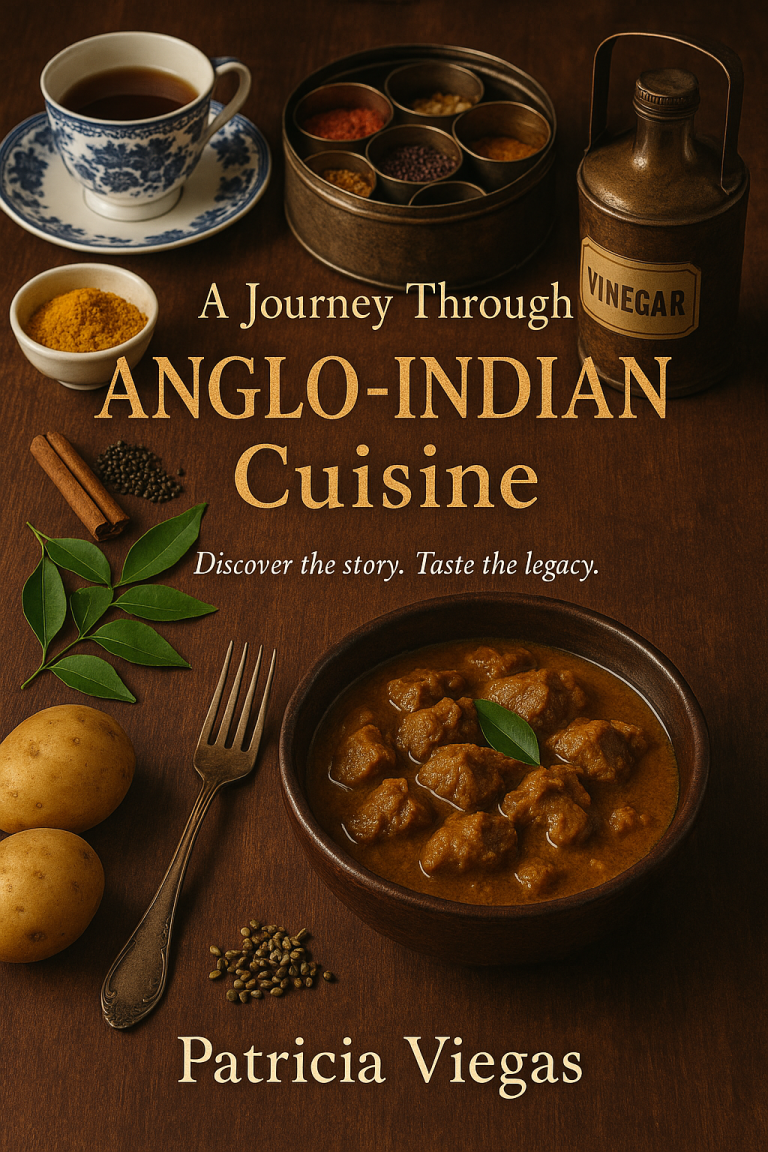 A Journey Through Anglo-Indian Cuisine Book Cover Cover of a book featuring a bowl of curry, potatoes, spices, and tea, with a decorative background.